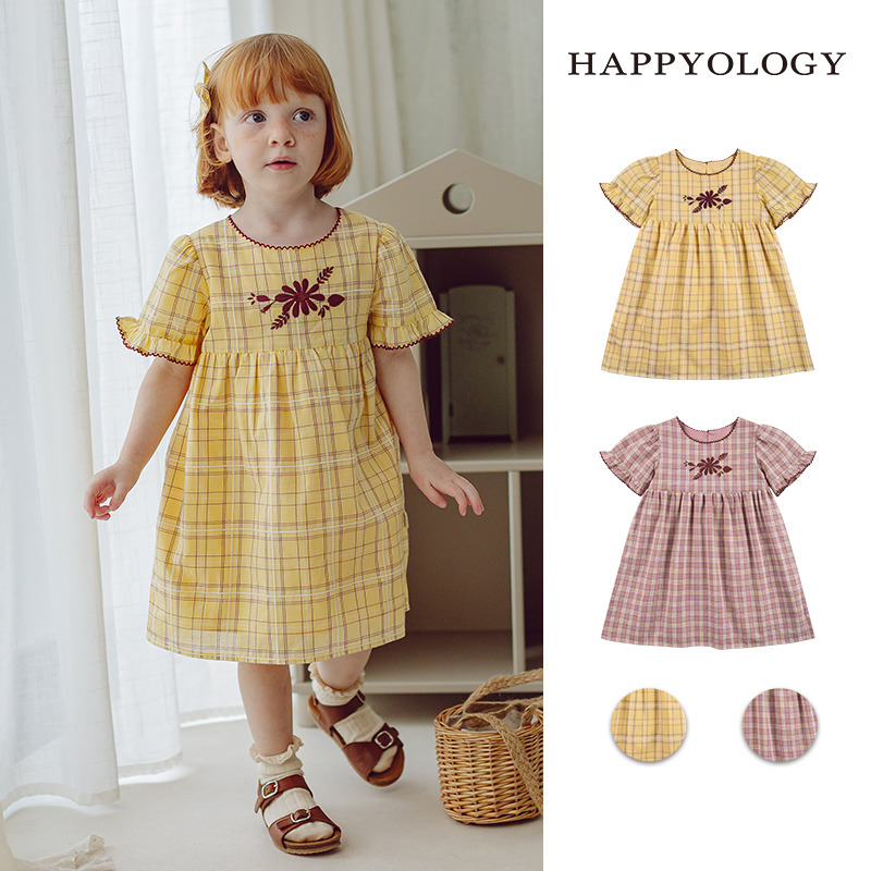13674926.happyology夏季女童宝宝格子绣花短袖连衣裙