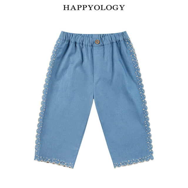 13674938.happyology夏季女童宝宝撞色绣花边九分裤