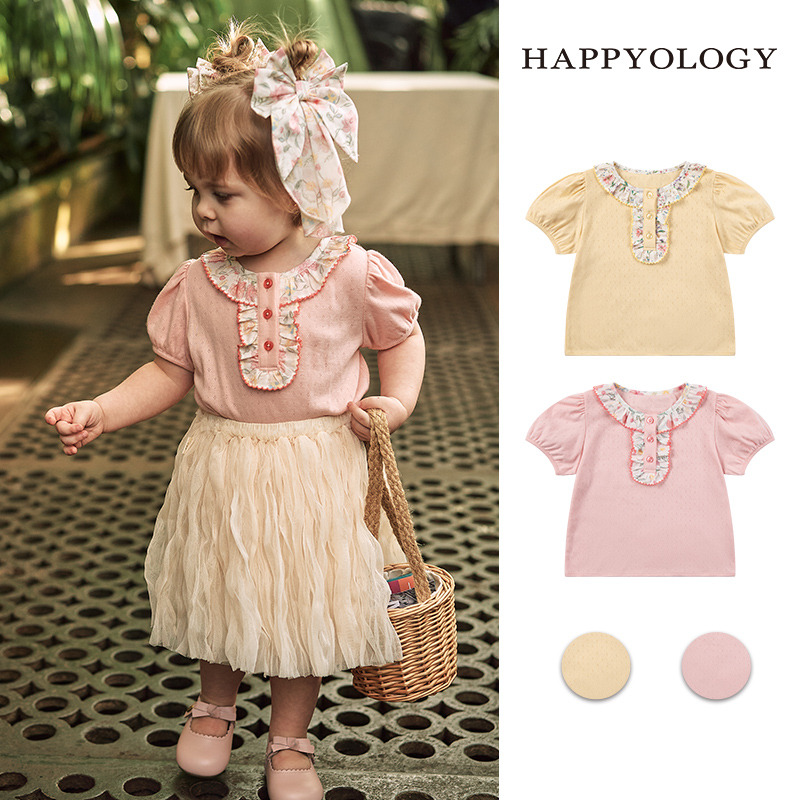 13674958.happyology夏季女童宝宝印花荷叶边领针织上衣