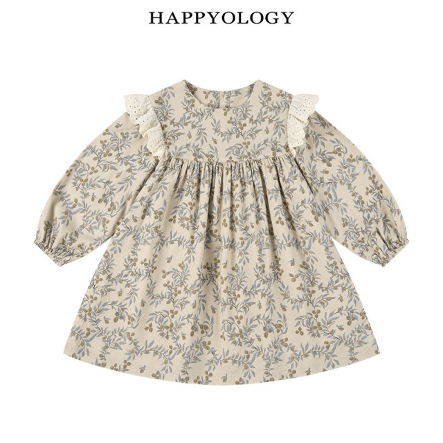 13674964.happyology春季女童宝宝复古棉麻绣花边连衣裙