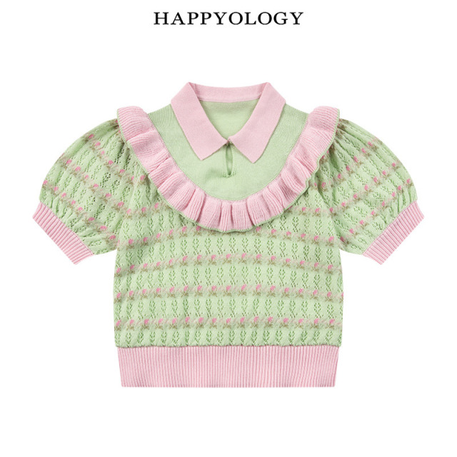 13674909.happyology春季女童宝宝提花镂空撞色毛织上衣