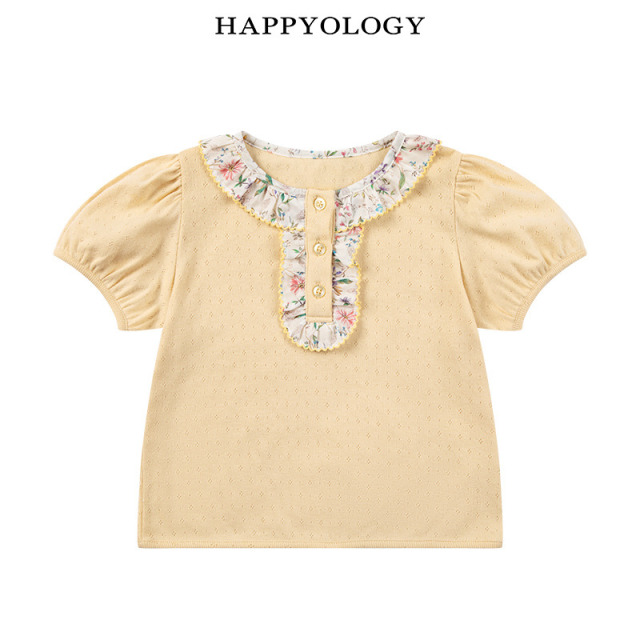 13674958.happyology夏季女童宝宝印花荷叶边领针织上衣