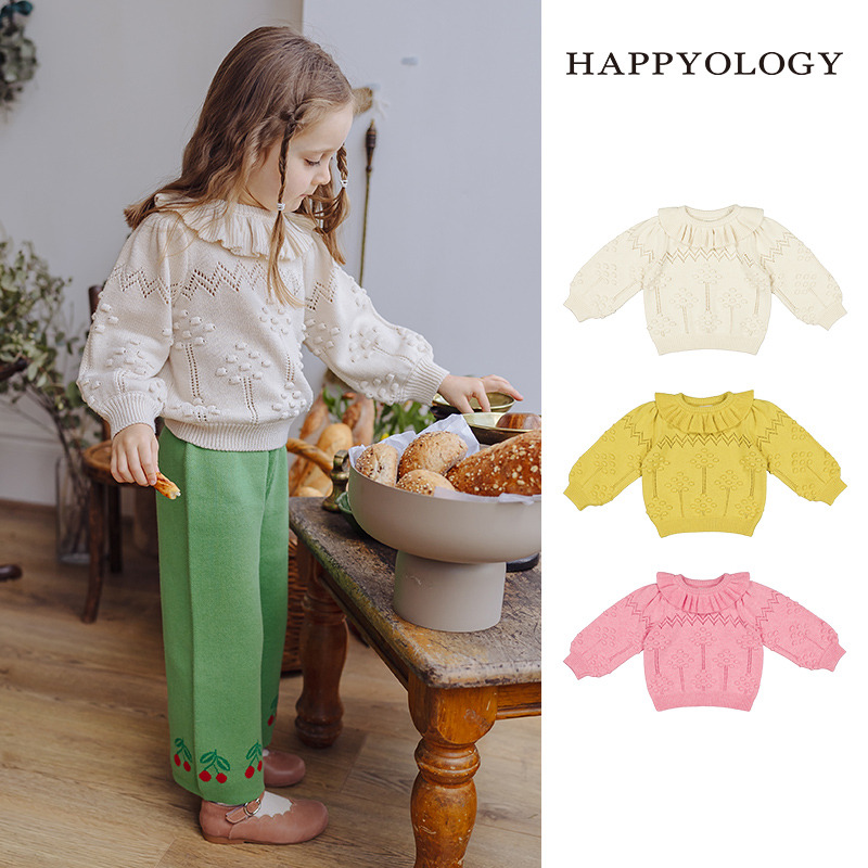 13695348.happyology秋冬新品女童净色荷叶领挑洞毛衣
