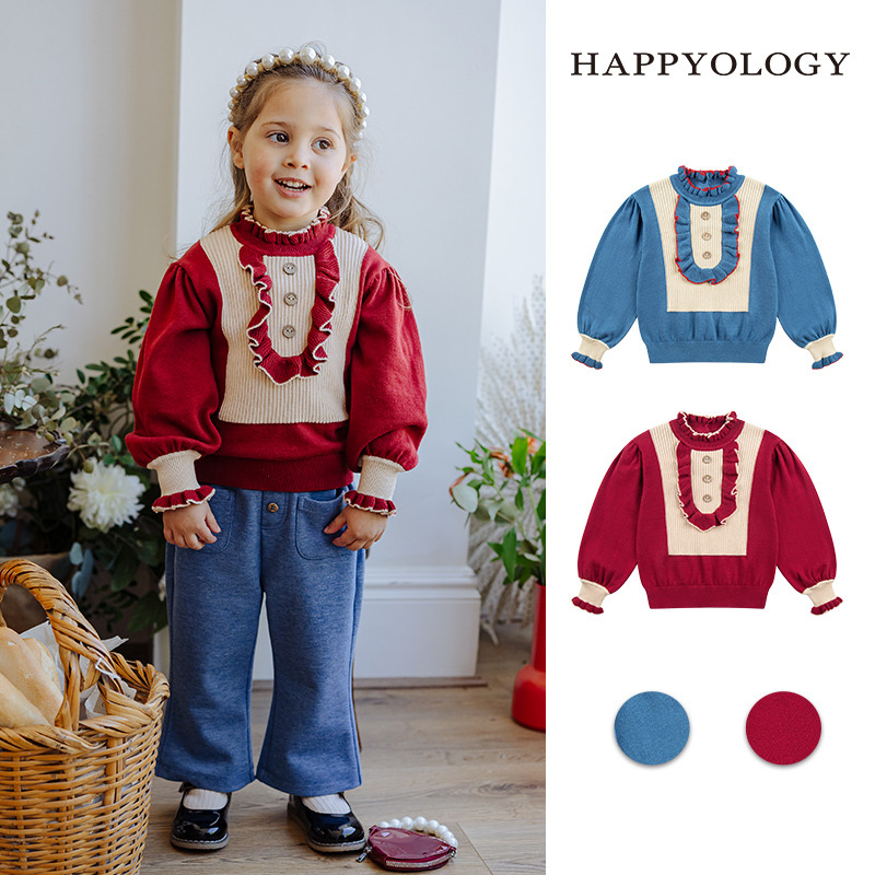 13695309.happyology秋冬新品女童撞色荷叶边毛织上衣