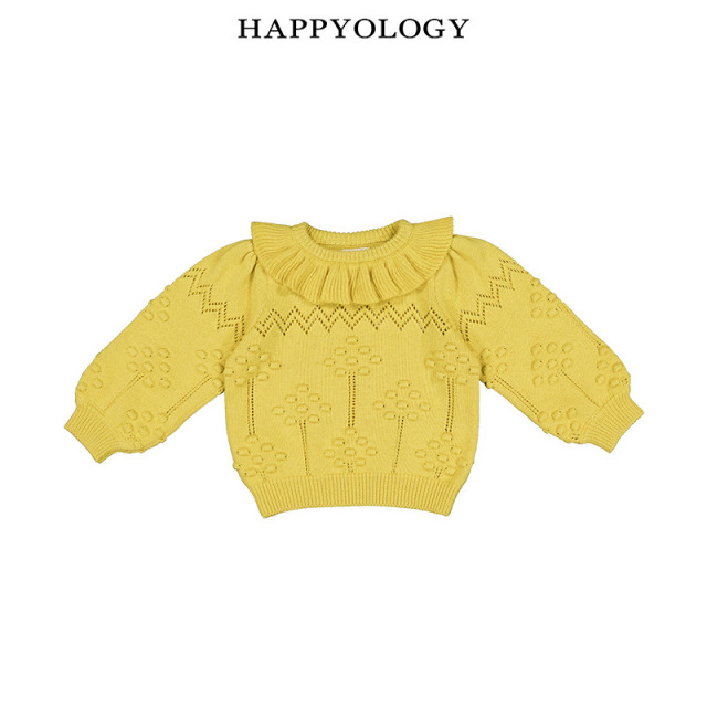 13695348.happyology秋冬新品女童净色荷叶领挑洞毛衣
