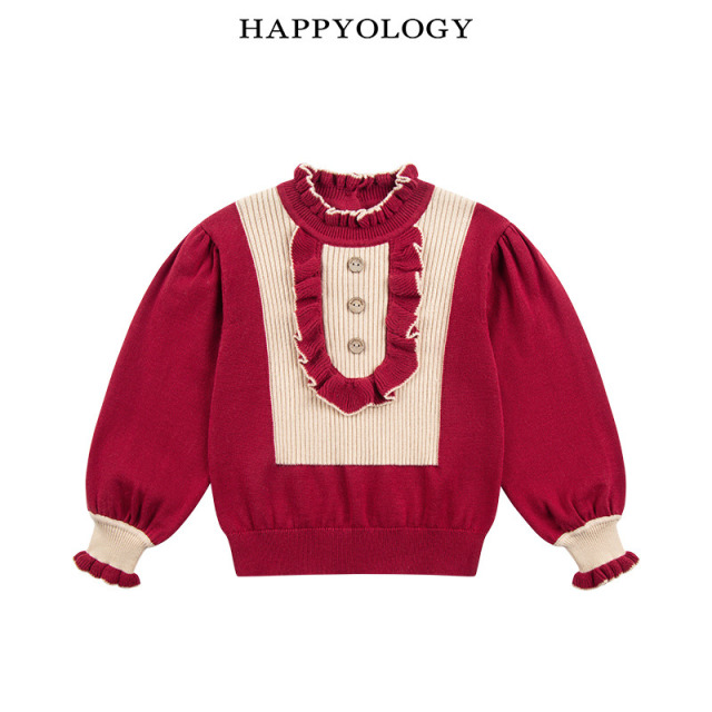 13695309.happyology秋冬新品女童撞色荷叶边毛织上衣
