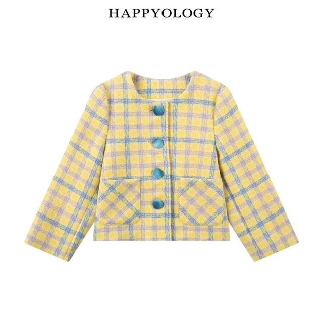 13695338.happyology秋冬新品女童毛呢格子撞色扣短外套