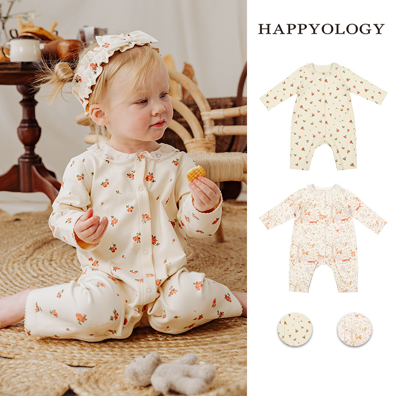 13844622.【新生儿好礼】happyology儿童秋冬花边领贴袋幼儿长袖连体衣爬服