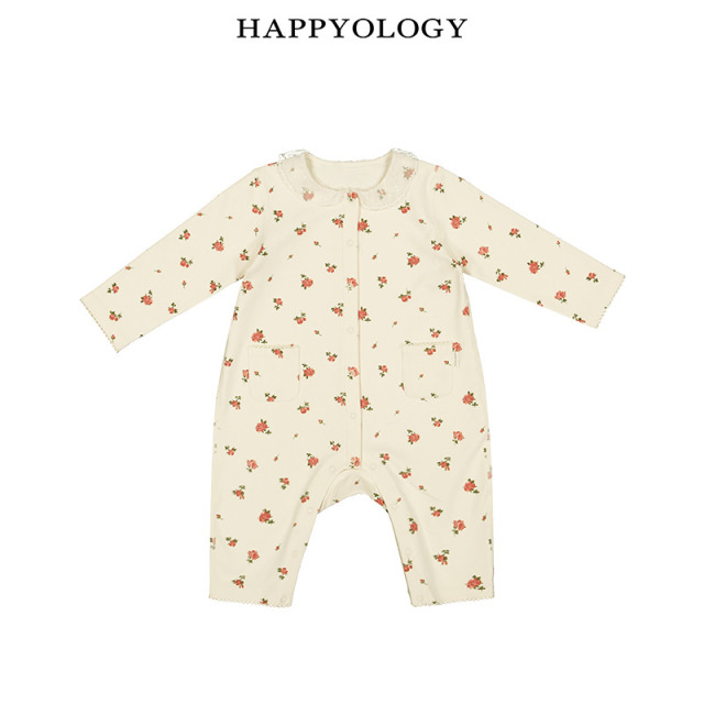 13844622.【新生儿好礼】happyology儿童秋冬花边领贴袋幼儿长袖连体衣爬服