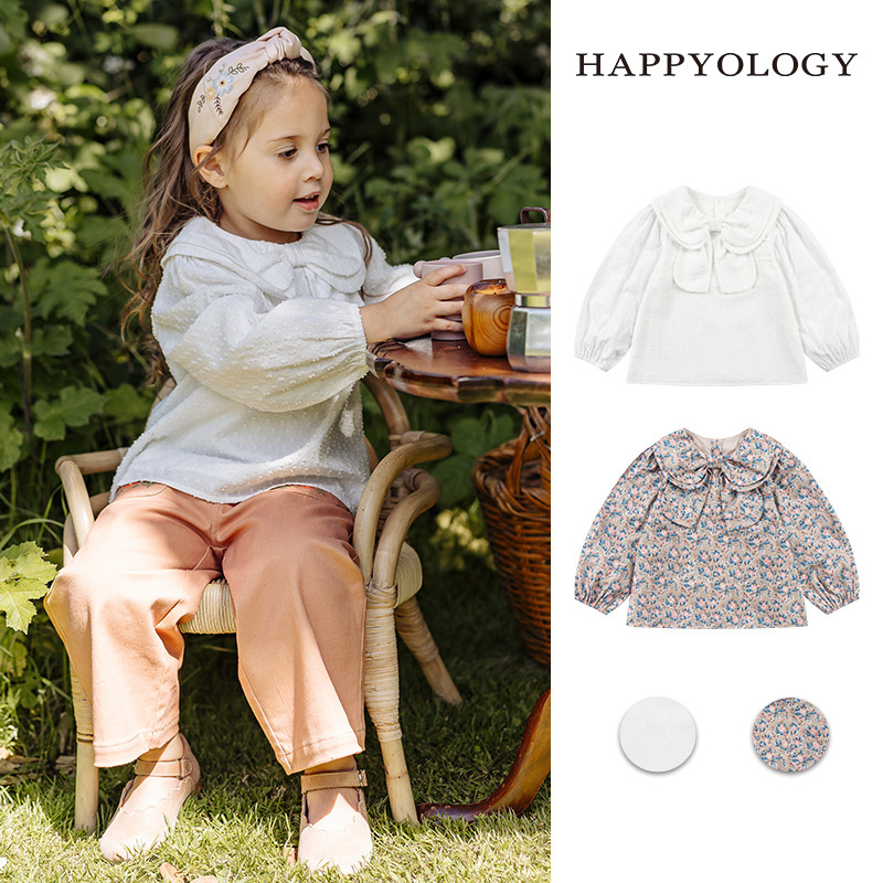 13849220.happyology儿童春秋女童甜美大蝴蝶结百搭长袖衬衫