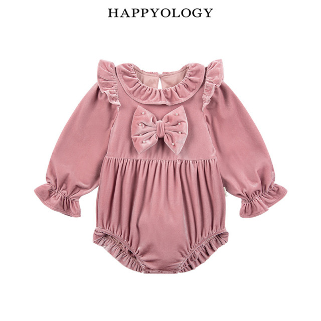 13848782.【新生儿好礼】happyology秋冬婴幼儿女宝丝绒蝴蝶结精致连体服
