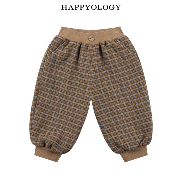 13848775.happyology儿童秋冬毛呢格纹罗纹束脚裤男女童休闲卫裤