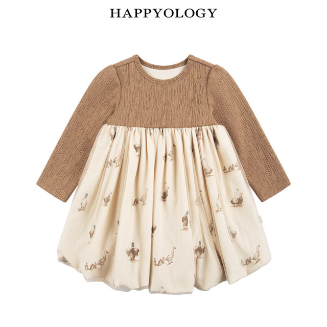 13849063.happyology秋冬长袖拼接印花连衣裙下摆蓬蓬裙