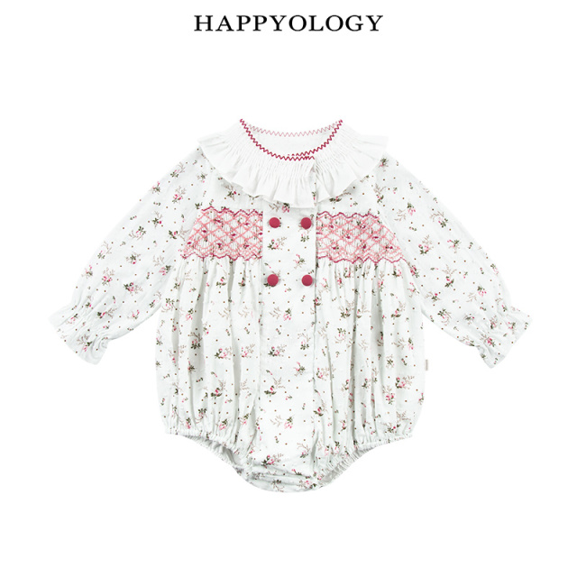 13849256.【新生儿好礼】happyology春女童手工司马克翻领连体衣长袖爬服