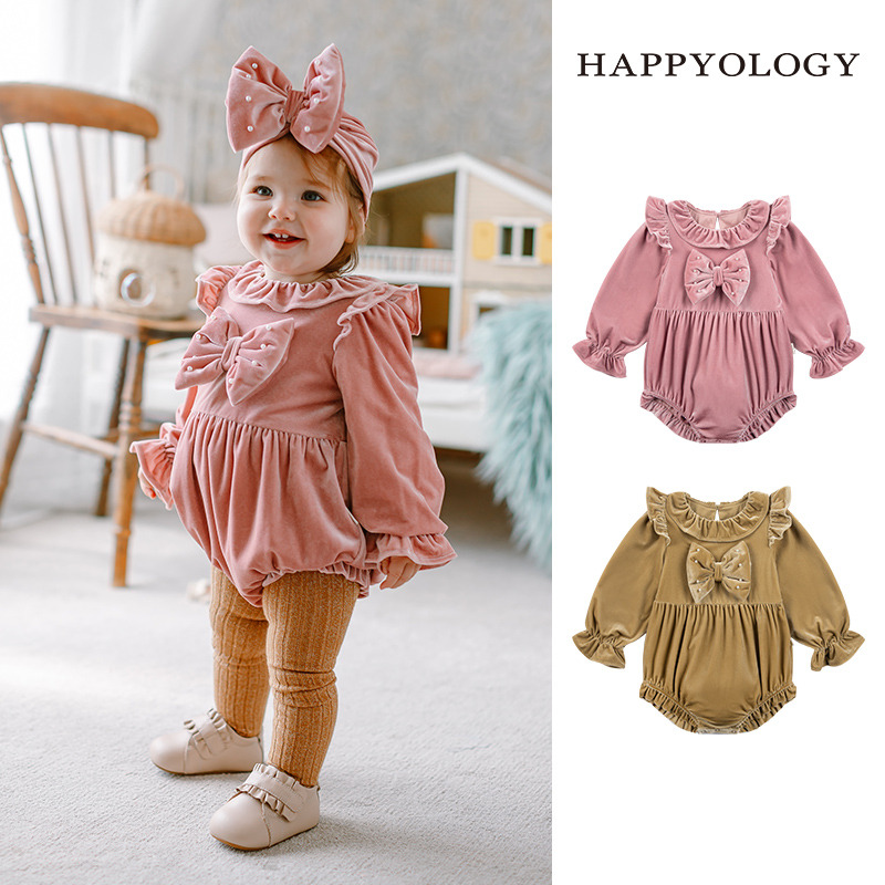 13848782.【新生儿好礼】happyology秋冬婴幼儿女宝丝绒蝴蝶结精致连体服