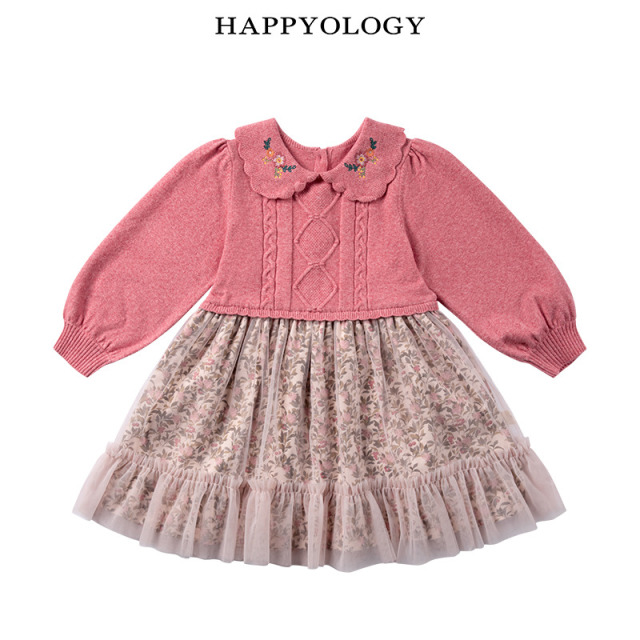 13848693.happyology秋冬儿童毛织绞花网纱拼接甜美娃娃领绣花连衣裙