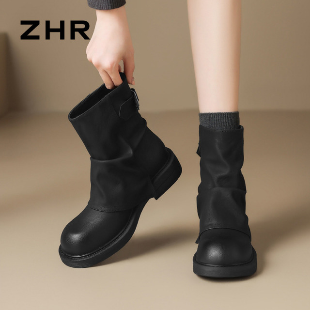 12736825.【ZHR则则】短靴圆头套脚厚底女鞋[PU]