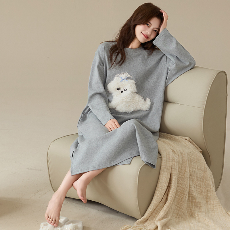 12946467.棉新界春秋款7A抗菌长款睡裙女纯棉长袖家居服卡通可爱宽松大码睡衣可外穿