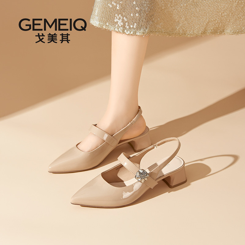13335570.戈美其包头一字玛丽珍凉鞋女夏季新款粗跟后空单鞋法式尖头女单鞋