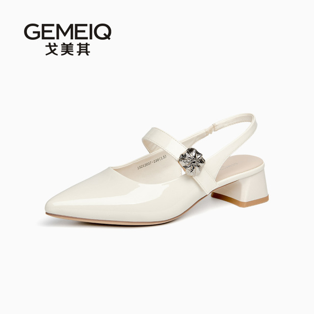 13335570.戈美其包头一字玛丽珍凉鞋女夏季新款粗跟后空单鞋法式尖头女单鞋