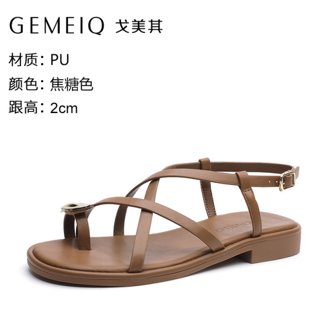13340563.戈美其女鞋夏季新款平底舒适夹趾百搭配裙时尚凉鞋气质低跟沙滩鞋