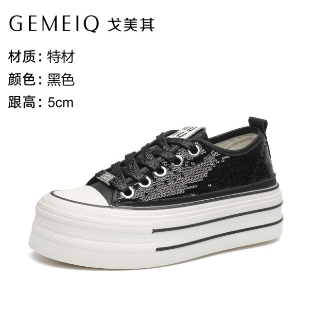 13340470.戈美其休闲板鞋春季圆头舒适超轻时尚女鞋亮片系带韩版厚底帆布鞋