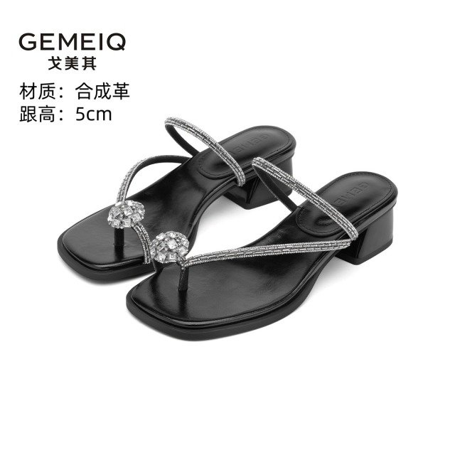 13340509.戈美其夏季新款女水钻凉鞋一字带粗跟凉拖细高跟透气露趾舒适百搭女款拖鞋