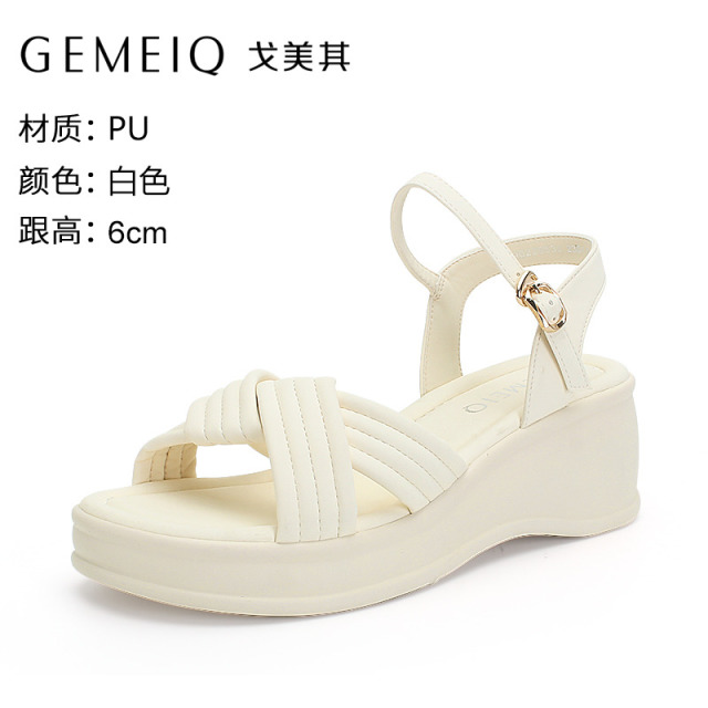 13335602.戈美其坡跟凉鞋女款新款夏季百搭优雅气质高级感配裙子白色罗马鞋