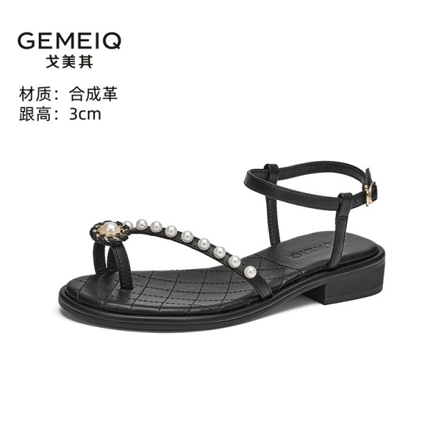 13340565.戈美其夏季新款夹趾女鞋珍珠时尚气质百搭配裙沙滩外穿凉鞋舒适潮