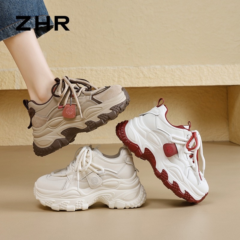 13173785.【ZHR则则】内增高老爹鞋圆头系带拼色女鞋[红棕色：PU+头层猪皮；米红色、米色：超纤]