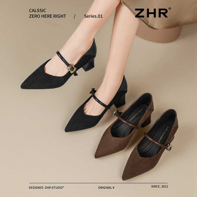 13266332.【ZHR则则】粗跟玛丽珍鞋尖头浅口女鞋【绒布+PU】