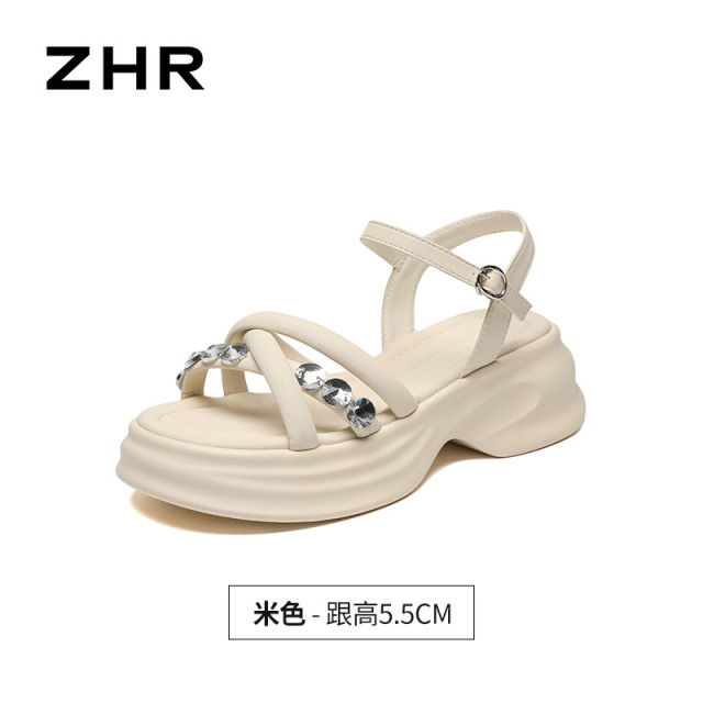 13350863.【ZHR则则】厚底凉鞋钻石点缀圆头厚底女鞋[PU]