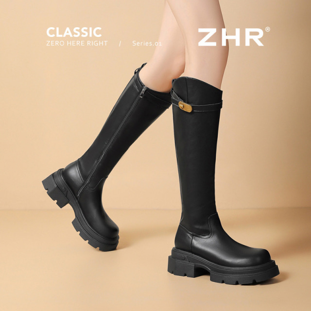 13796811.【ZHR则则】长筒靴圆头侧拉链锯齿厚底女鞋[PU]