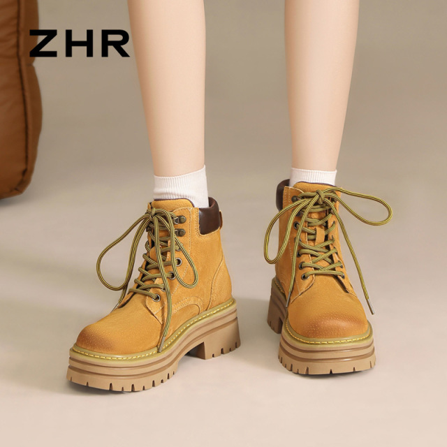 12743077.【ZHR则则】工装靴圆头系带厚底女鞋[头层猪皮]