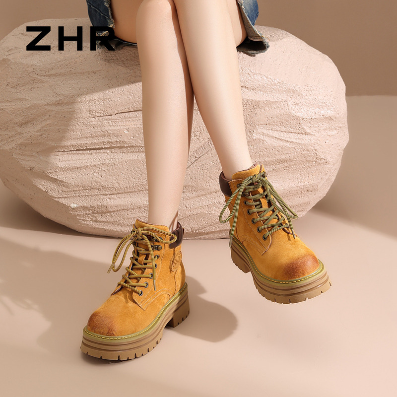 12743134.【ZHR则则】工装靴圆头系带厚底女鞋[头层猪皮]