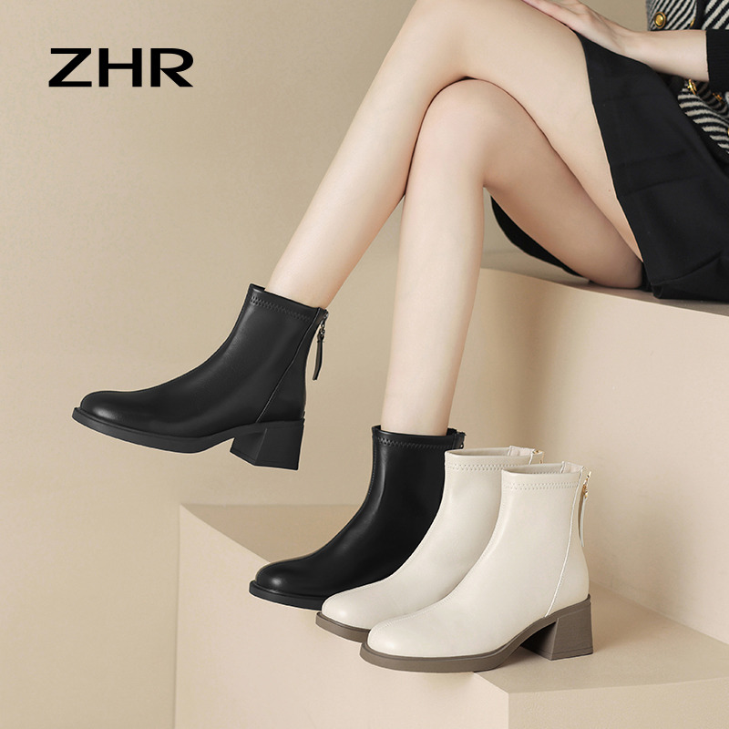 12743332.【ZHR则则】粗跟短靴圆头后拉链粗跟女鞋[PU]
