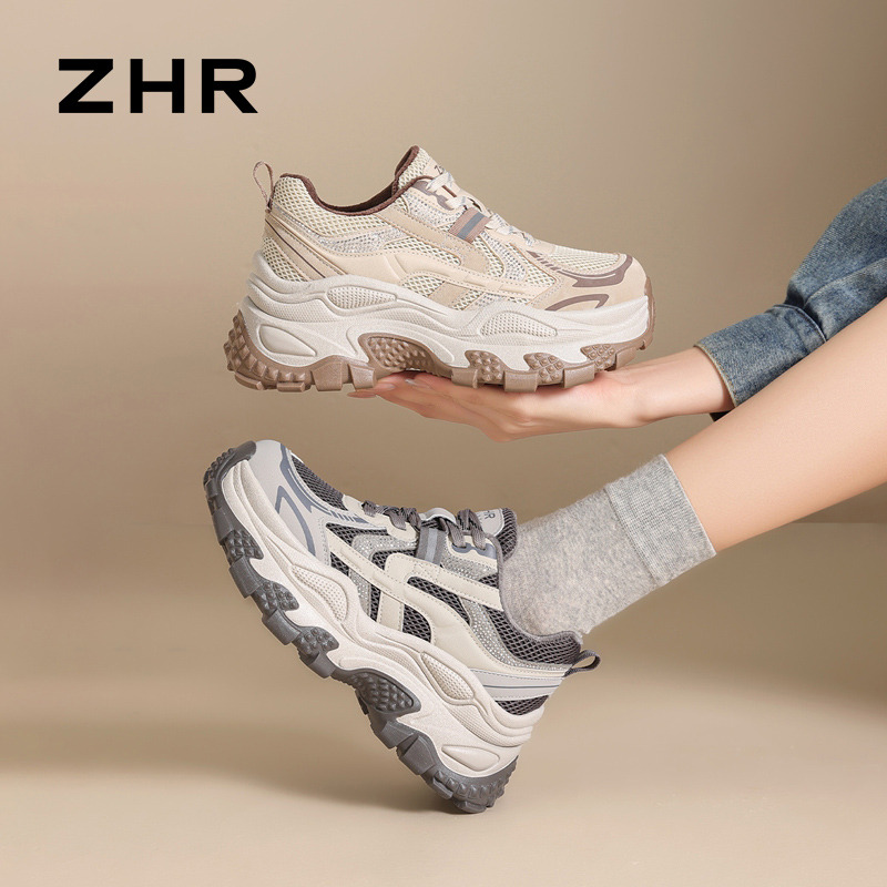 12765098.【ZHR则则】老爹鞋圆头系带厚底女鞋[超纤+网布]