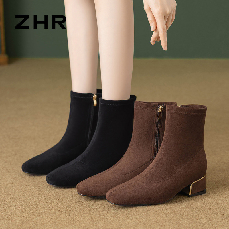 12764969.【ZHR则则】短靴圆头侧拉链粗跟女鞋[绒布]