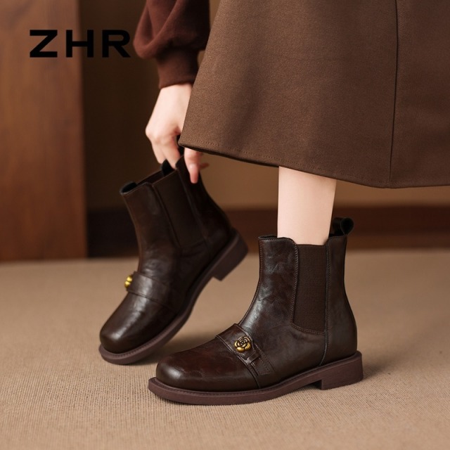 13796794.【ZHR则则】切尔西靴圆头套脚平底女鞋[PU+松紧带]
