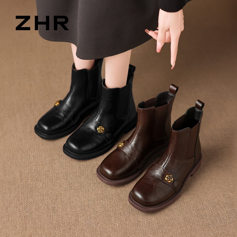 13796794.【ZHR则则】切尔西靴圆头套脚平底女鞋[PU+松紧带]