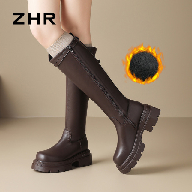 13836117.【ZHR则则】长筒靴圆头加绒侧拉链厚底女鞋[PU]