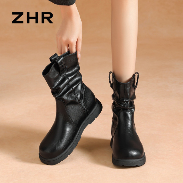 12773699.【ZHR则则】短靴圆头套脚平底女鞋[PU]