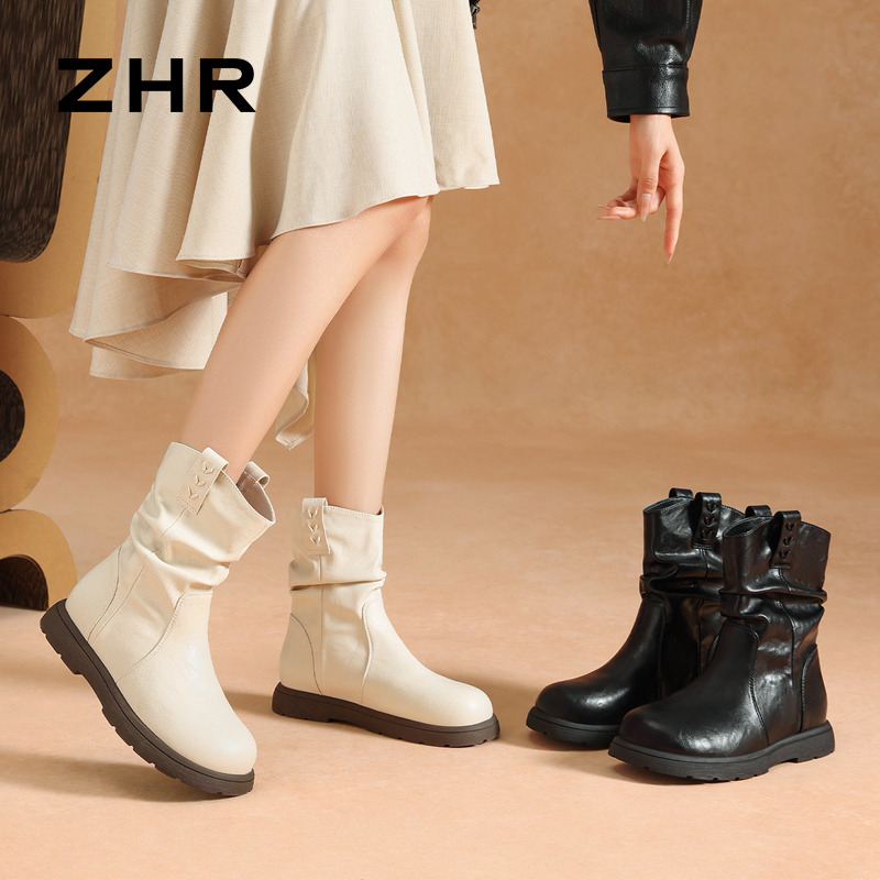 12773699.【ZHR则则】短靴圆头套脚平底女鞋[PU]