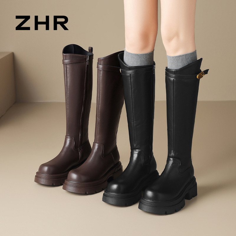 13836117.【ZHR则则】长筒靴圆头加绒侧拉链厚底女鞋[PU]