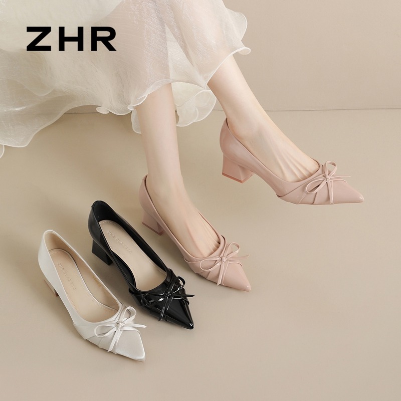 13800163.【ZHR则则】浅口尖头套脚粗跟女鞋[镜面PU&绸缎]