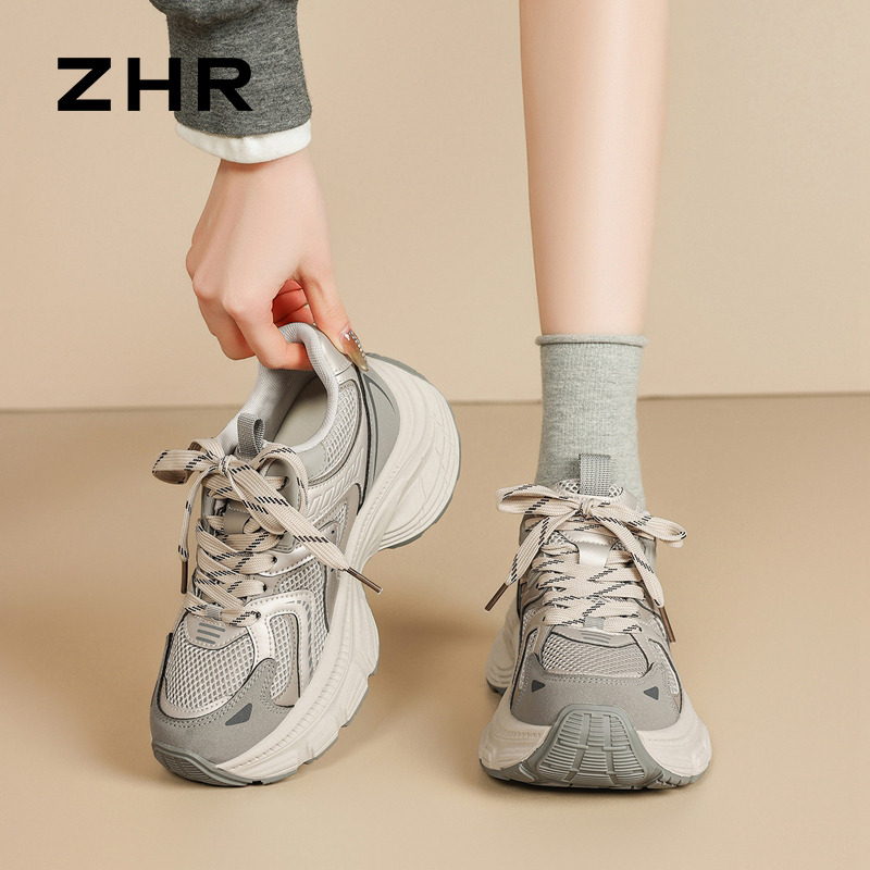 13145981.【ZHR则则】老爹鞋圆头系带厚底女鞋[PU+网布]