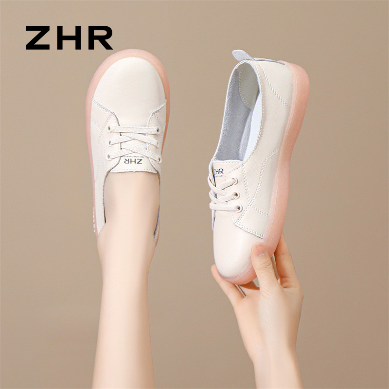 13152001.【ZHR则则】小白鞋圆头松紧带平底女鞋[牛剖层移膜革]