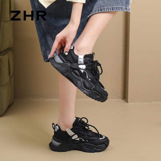 13151864.【ZHR则则】老爹鞋圆头系带厚底女鞋[PU+网布]