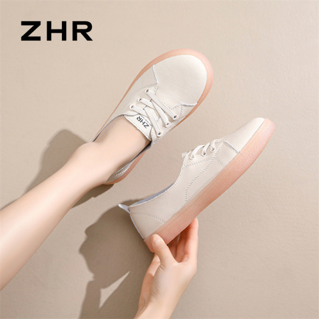 13152001.【ZHR则则】小白鞋圆头松紧带平底女鞋[牛剖层移膜革]