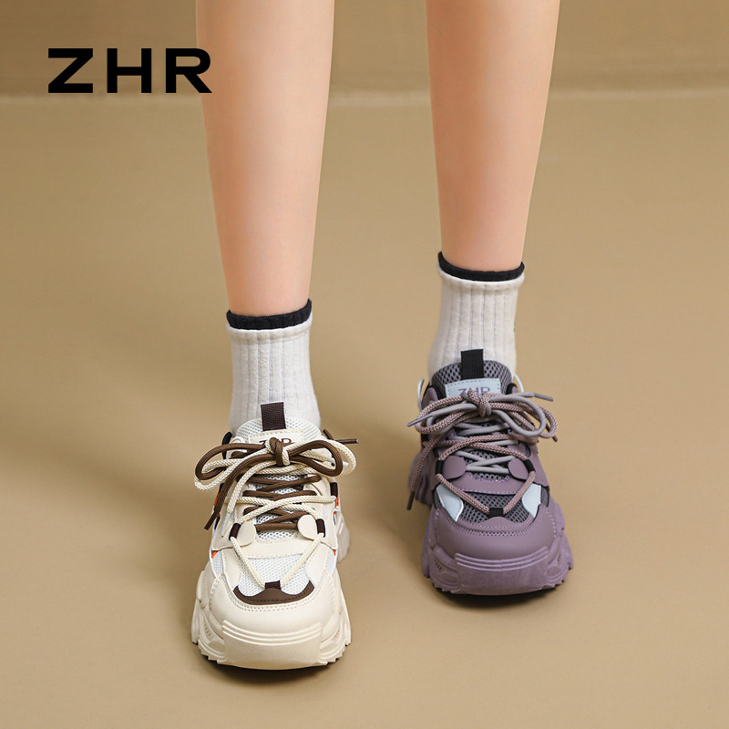 13151864.【ZHR则则】老爹鞋圆头系带厚底女鞋[PU+网布]